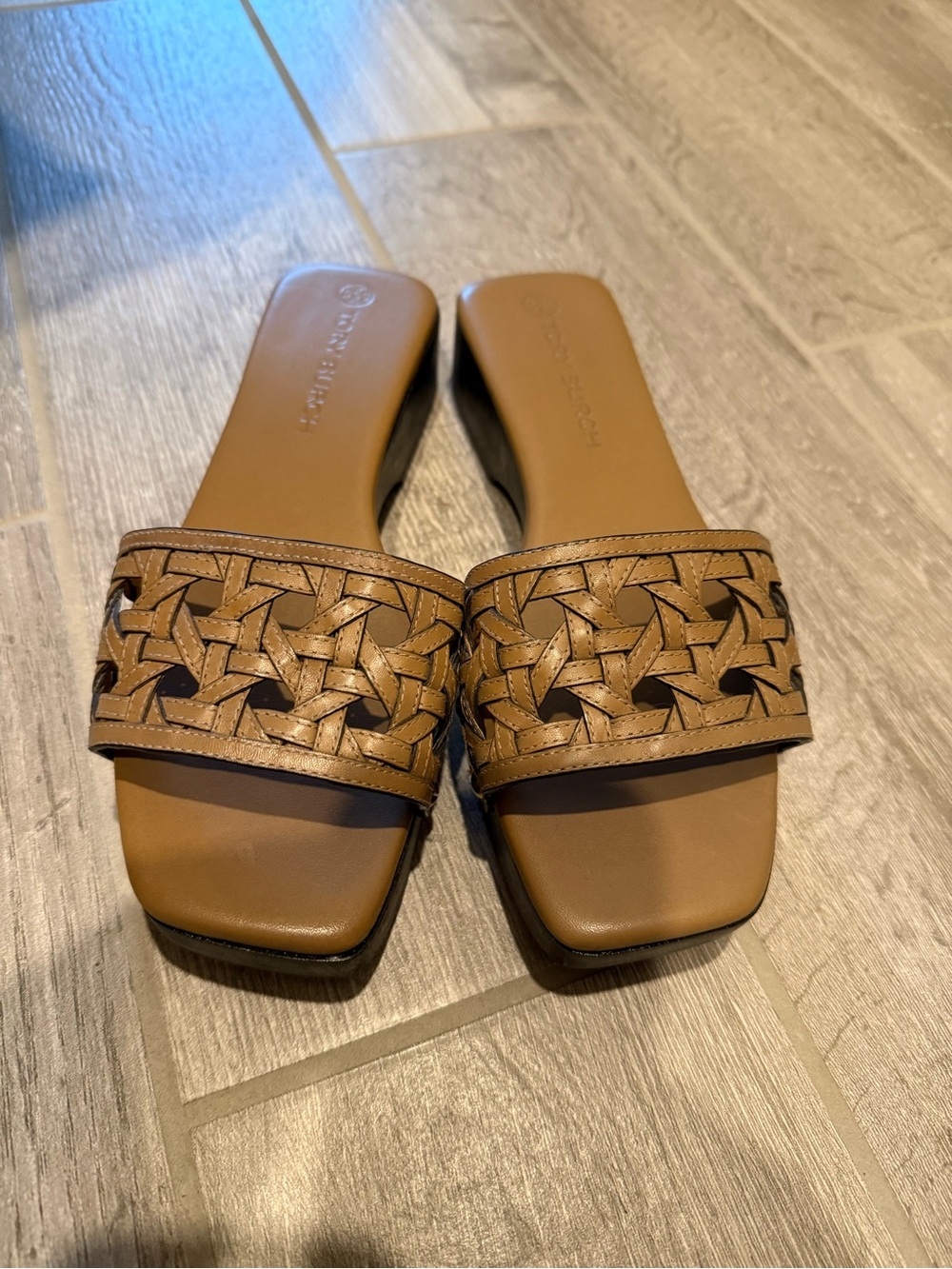 Tory Burch Tan Woven Leather Slide Mules